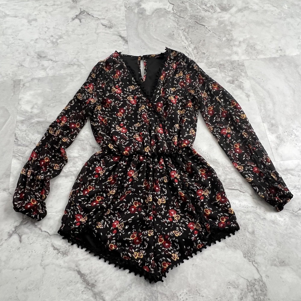 Material Girl Size Small Black and Floral Chiffon Romper‎ Vneck Short Jumpsuit